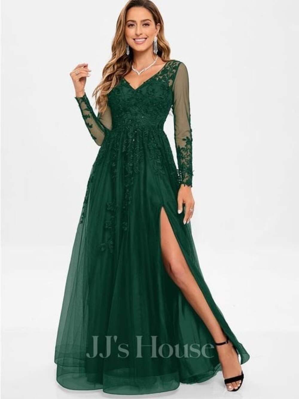 JJs House Dark Green Long Sleeve V-Neck Lace Evening Dress